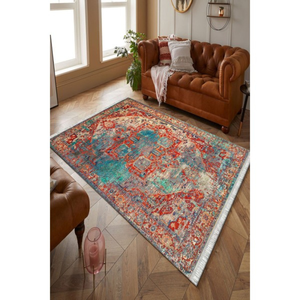 Kreatif Halı Eskitme Etnik Bohem Desenli Çift Renk Makinede Yıkanabilir Klasik Saçaklı Süngerli Dot Taban Halı - 80 x 150 cm - Renkli Salon Halısı Fiyatı