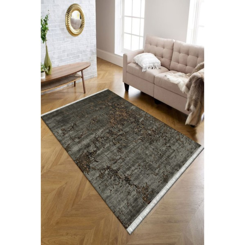 Kreatif Halı Etnik Vintage Desenli Antrasit Yıkanabilir Kaymaz Taban Salon Halısı Süngerli Dot Taban Halı Kilim - 80 x 140 cm - Gri Salon Halısı Fiyatı