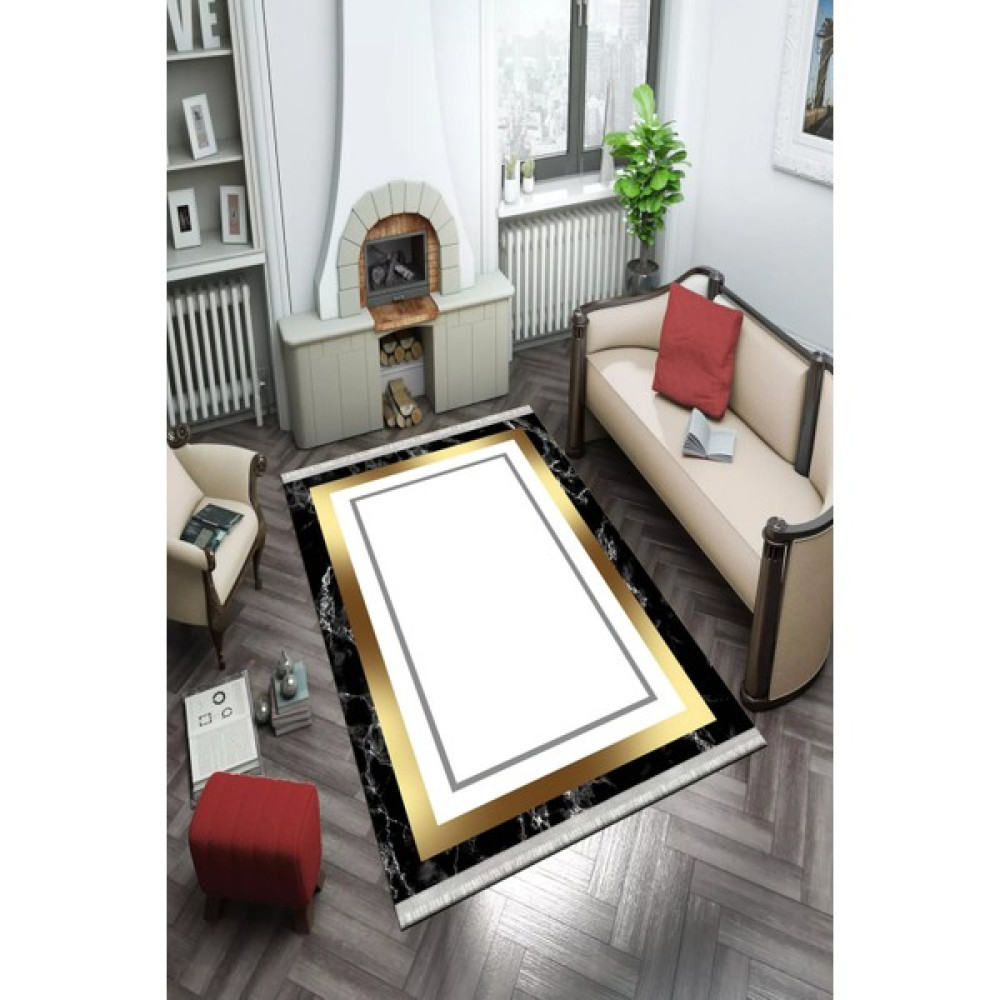 Kreatif Halı Gold Çerçeveli Modern Çizgili Oval Yuvarlak Kesme Dot Taban Kadife Kumaş Yolluk Kilim Hol Halısı - 80 x 140 cm Salon Halısı Fiyatı