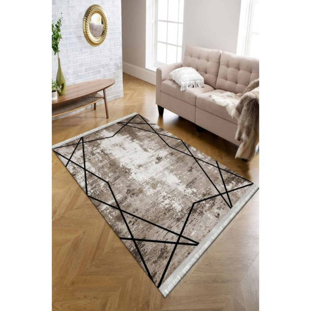 Kreatif Halı Kahverengi Eskitme Desenli Yıkanabilir Kaymaz Tabanlı Dot Taban Kadife Kumaş Oturma Odası Halısı - 200 x 300 cm Salon Halısı Fiyatı