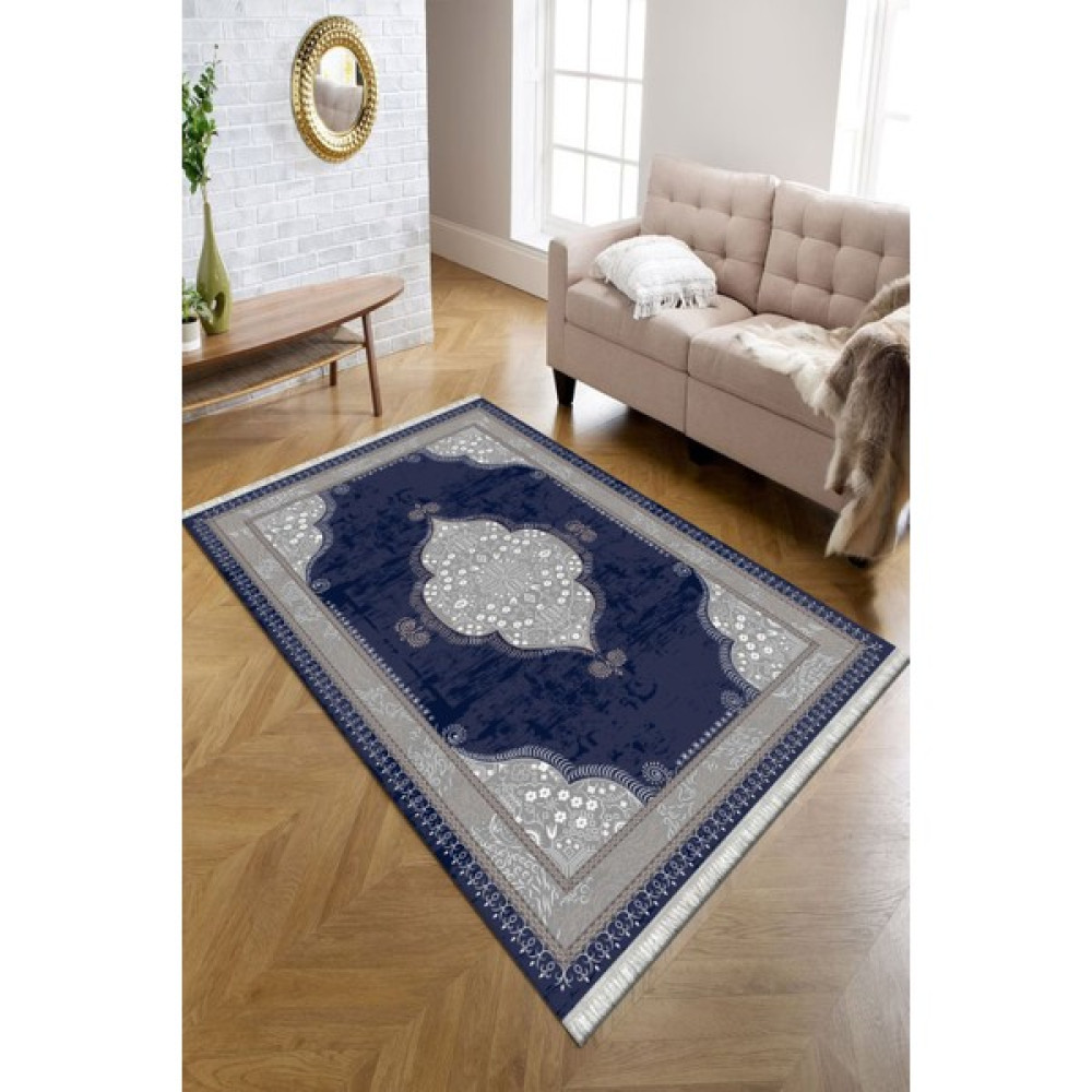 Kreatif Halı Klasik Vintage Dekoratif Kilim Modern Lacivert Oturma Odası Halısı Kadife Kumaş Dokuma Taban Kilim - 80 x 140 cm Kilim Fiyatı