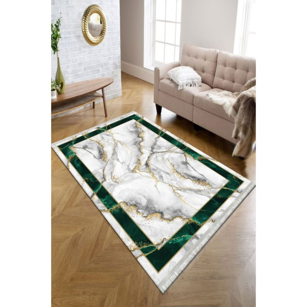 Kreatif Halı Mermer Desen Yeşil Çizgili Elit Modern Kesme Halı Süngerli Dot Taban Ince Yıkanabilir Halı - 80 x 140 cm Salon Halısı Fiyatı
