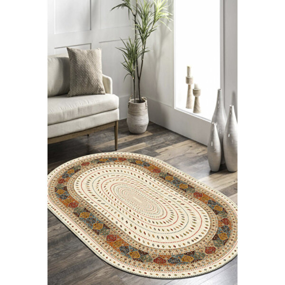 Kreatif Halı Oval Etnik Desen Kaymaz Taban Makinede Yıkanabilir Kadife Kumaş Süngerli Dot Taban Antre Halısı - 180 x 280 cm - Bej Salon Halısı Fiyatı