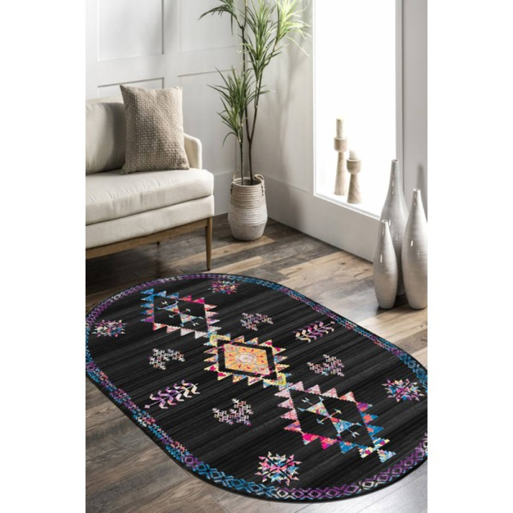 Kreatif Halı Oval Makinede Yıkanabilir Iskandinav Desen Salon Halısı Kadife Kumaş Süngerli Dot Taban Kaymaz Halı - 80 x 140 cm - Siyah Salon Halısı Fiyatı