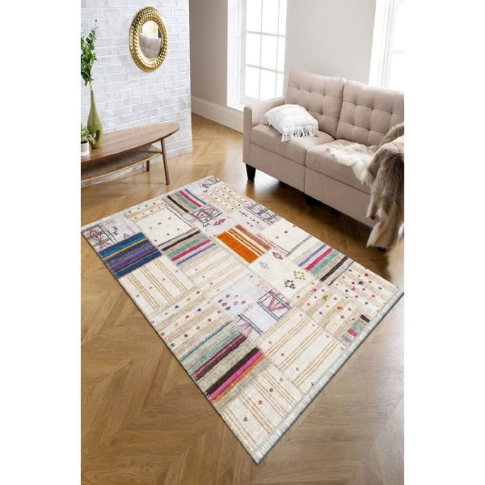 Kreatif Halı Patchwork Desenli Kaymaz Taban Yıkanabilir Kilim Süngerli Dot Taban Koridor Halısı - 120 x 180 cm - Ekru Salon Halısı Fiyatı