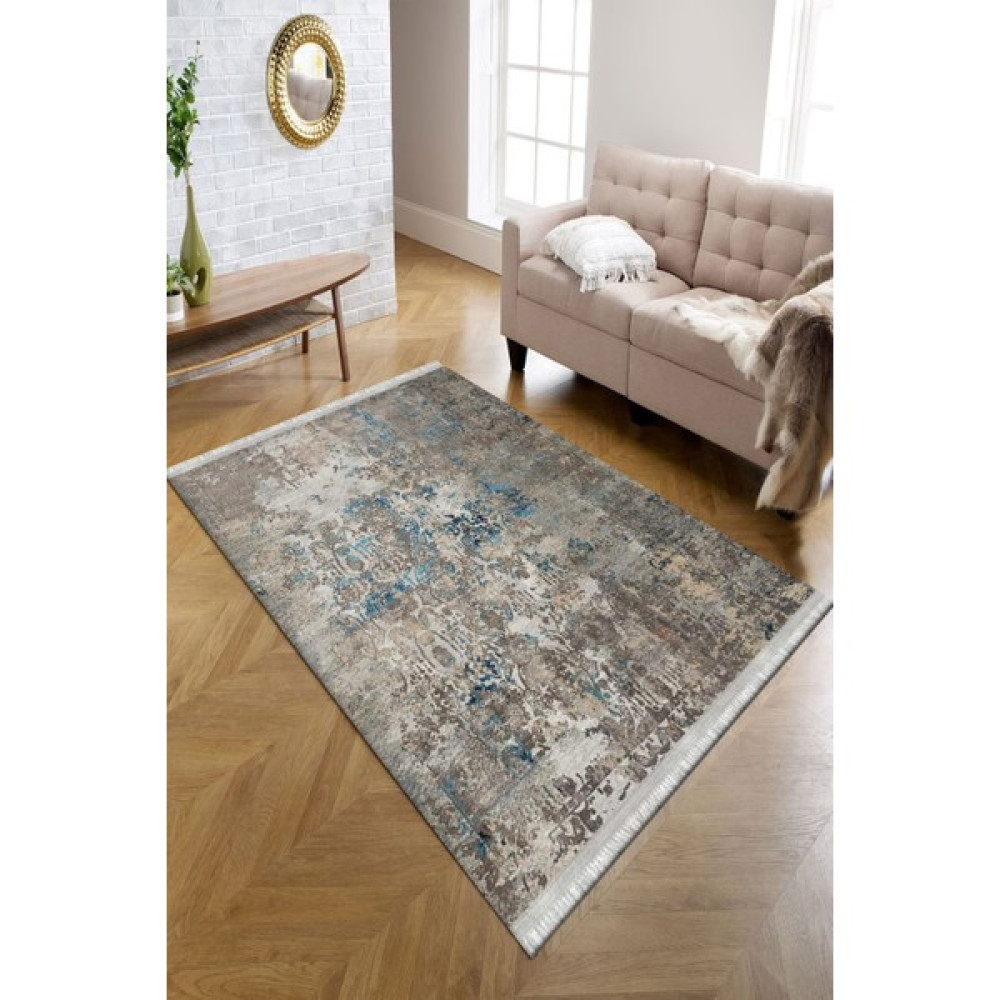 Kreatif Halı Vintage Eskitme Desen Dijital Baskı Kadife Doku Yumuşak Yüzey Kaymaz Süngerli Dot Taban Salon Halısı - 80 x 200 cm - Turkuaz Salon Halısı Fiyatı