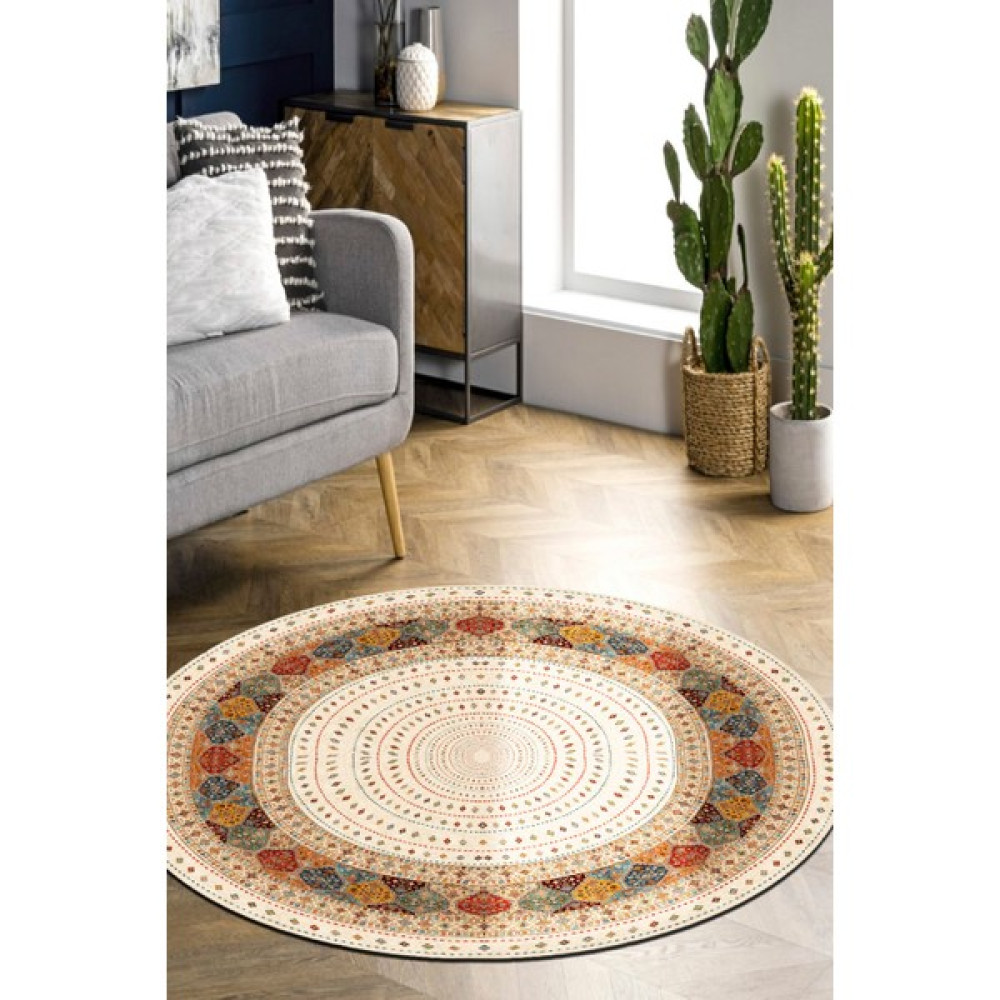 Kreatif Halı Yuvarlak Etnik Desen Kaymaz Taban Makinede Yıkanabilir Kadife Kumaş Süngerli Dot Taban Antre Halısı - 80 x 80 cm - Ekru Salon Halısı Fiyatı