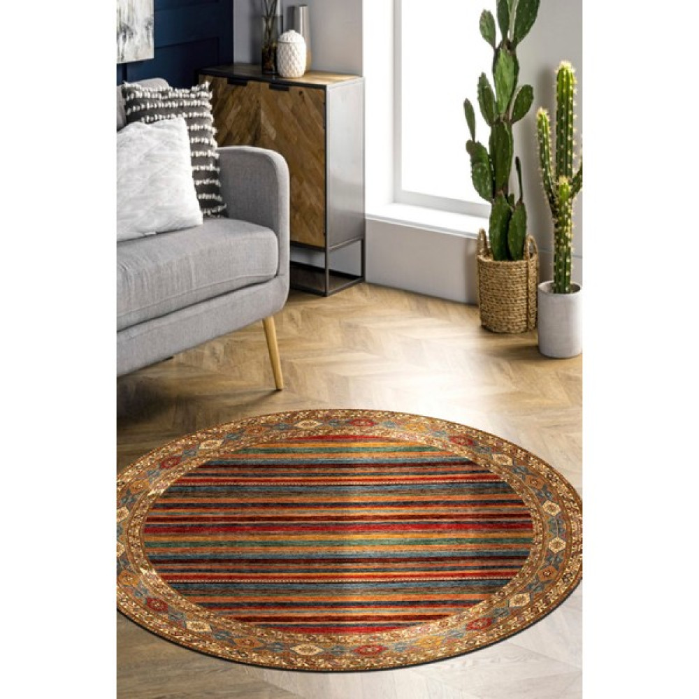 Kreatif Halı Yuvarlak Etnik Desen Kaymaz Taban Makinede Yıkanabilir Kadife Kumaş Süngerli Dot Taban Antre Halısı - 80 x 80 cm - Sarı Salon Halısı Fiyatı