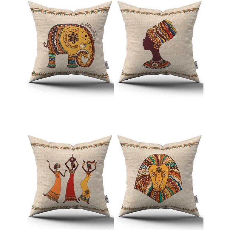 Krem Etnik Afrika Figürlü Fil Desenli Dijital Baskılı Kırlent Yastık Kılıfı Seti 4KMBS304 - 43 x 43 cm Yastık Kılıfı Fiyatı