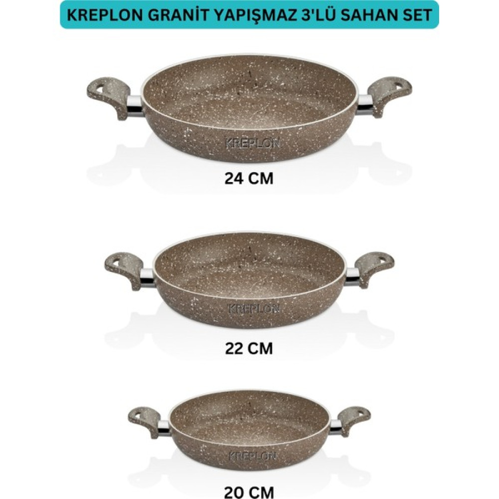 Kreplon Granit Yanmaz Yapışmaz Çift Kulplu Sahan 3'lü 20-22-24 cm Tavalar Fiyatı