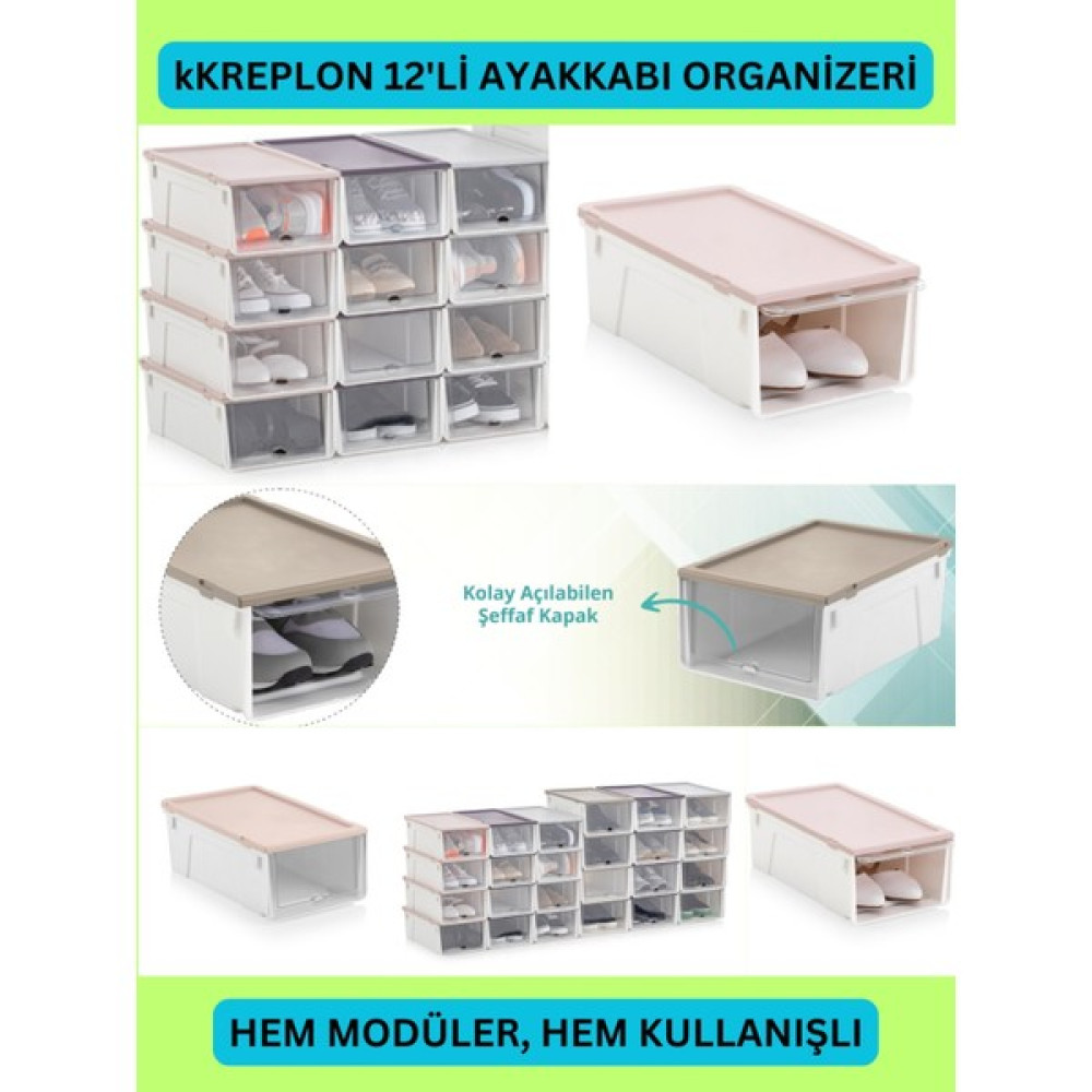 Kreplon Istiflenebilir Organizer Şeffaf Lüks Modüler Ayakkabı Kutusu 12 ' Li Bej Ayakkabı Saklama Kutusu Fiyatı
