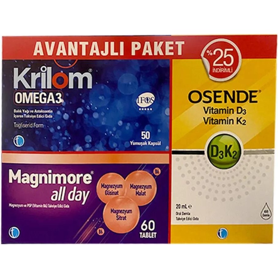 Krilom Omega3 50 Kapsül+ Magnimore Allday 60 Tablet + Osende D3K2 20 ml Avantajlı Paket Diğer Fiyatı