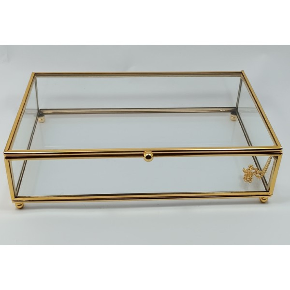 Kristal Home Cam Sandık, Cam Metal Çerçeveli Sunumluk Kapaklı Sandık, Çikolata Şeker ve Takı Kutusu Gold - 25*15*7 cm Eşya Saklama Kutusu Fiyatı