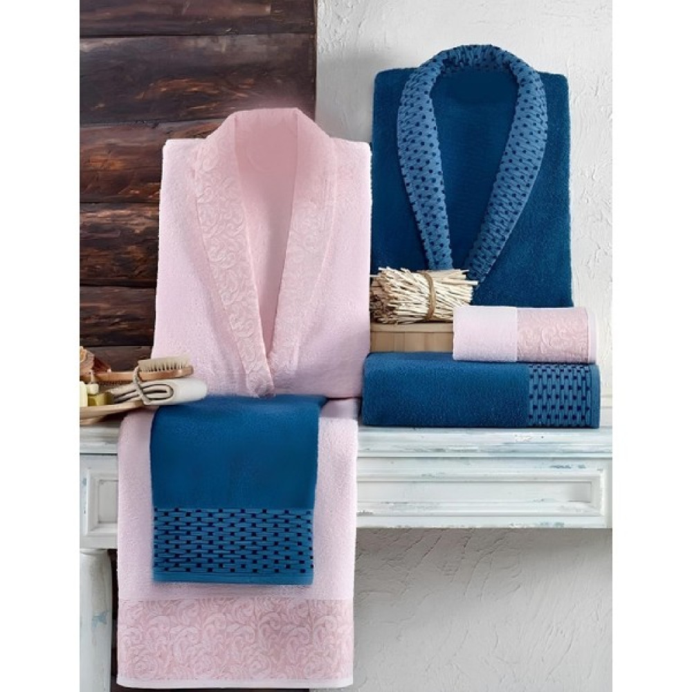 Kristal Taç Kristal Dream Jakarlı Bornoz Set Indigo Pudra - M - L Bornoz Fiyatı