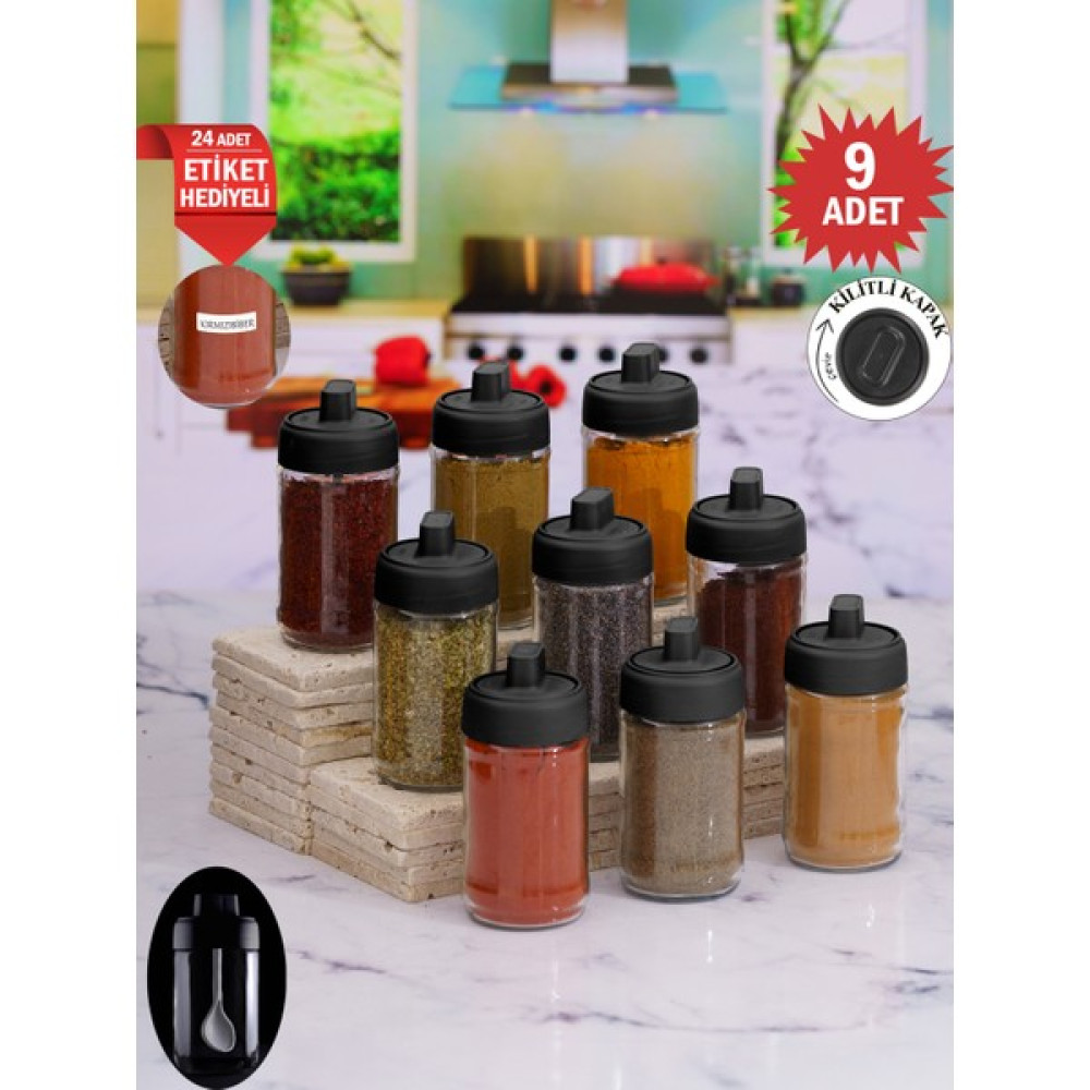 Krm Home 9 lu Kapağı Kendinden Kaşıklı Cam Baharat Takımı-9lu Kilitli Kapak Etiketli Baharat Seti 300 ml Baharat Setleri & Baharatlıklar Fiyatı