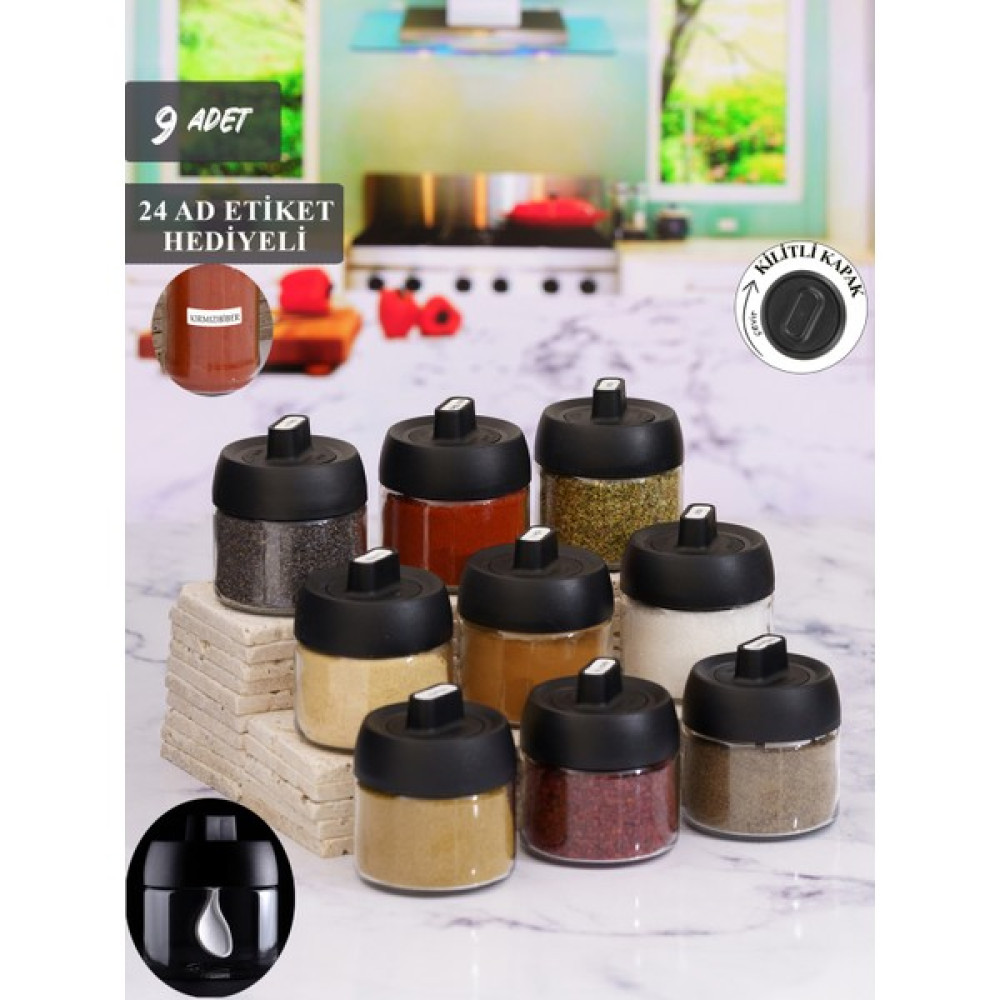 Krm Home Kapağı Kendinden Kaşıklı Cam Baharat Seti Kilitli Kapak 300 ml 9'lu Baharat Setleri & Baharatlıklar Fiyatı
