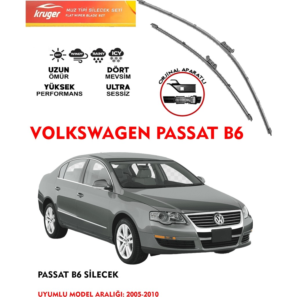 Kruger Volkswagen Passat Cam Muz Silecek Takımı B6 (2005-2010) Arası Araca Özel Orijinal Aparat Araca Özel Silecekler Fiyatı