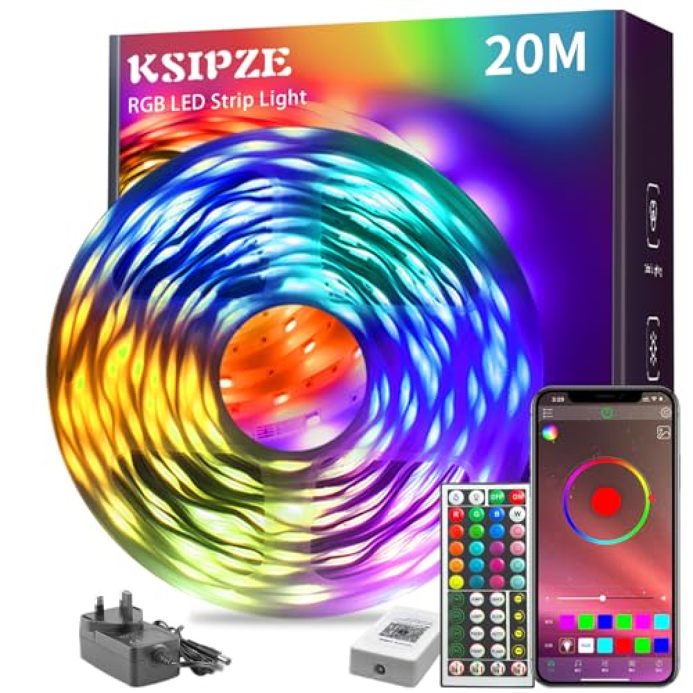 KSIPZE 20m Led Strip Lights RGB Music Sync Color Changing, Led Lights with Bluetooth App Remote Control, Flexible Lights for Bedroom Lighting Home Decoration