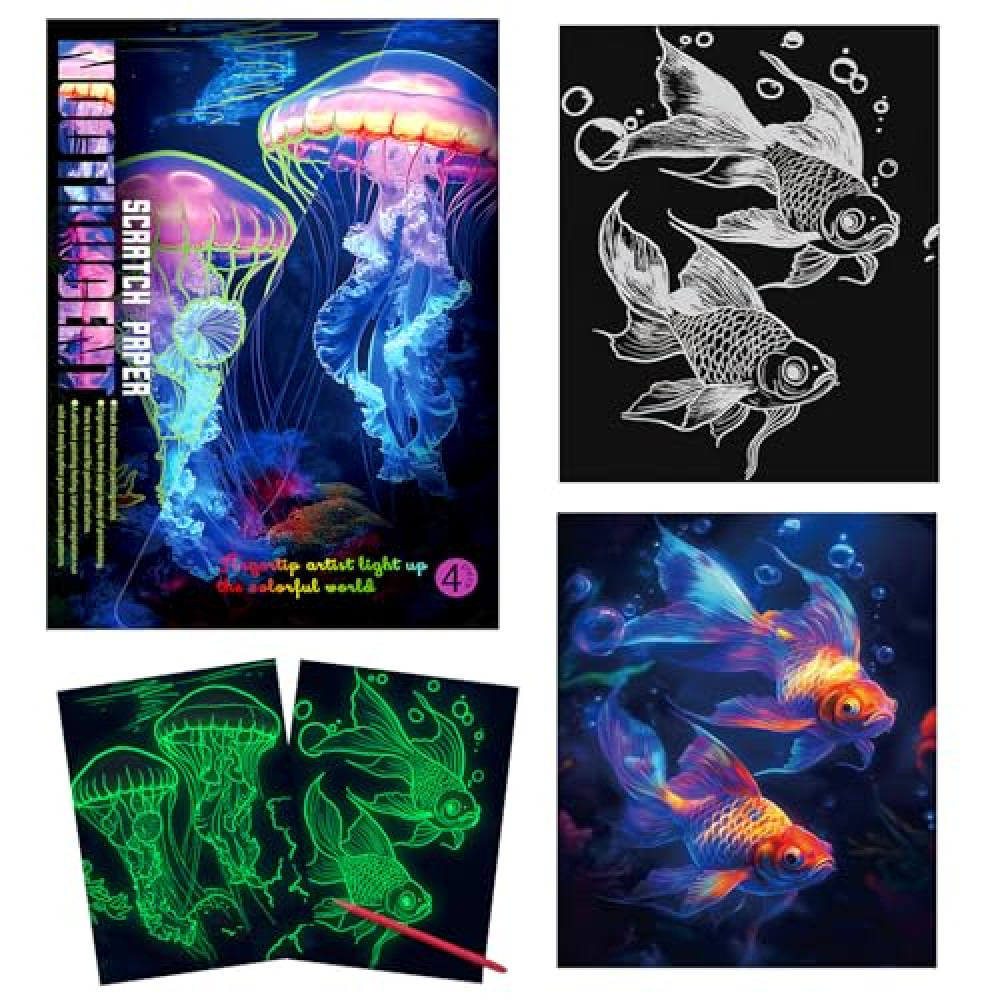 KSIWRE Scratch Art for Adults & Teens,4 Sheets Glow in The Dark Rainbow Scratch Paper,Beautiful Night View Scratch Painting(Seabed World)