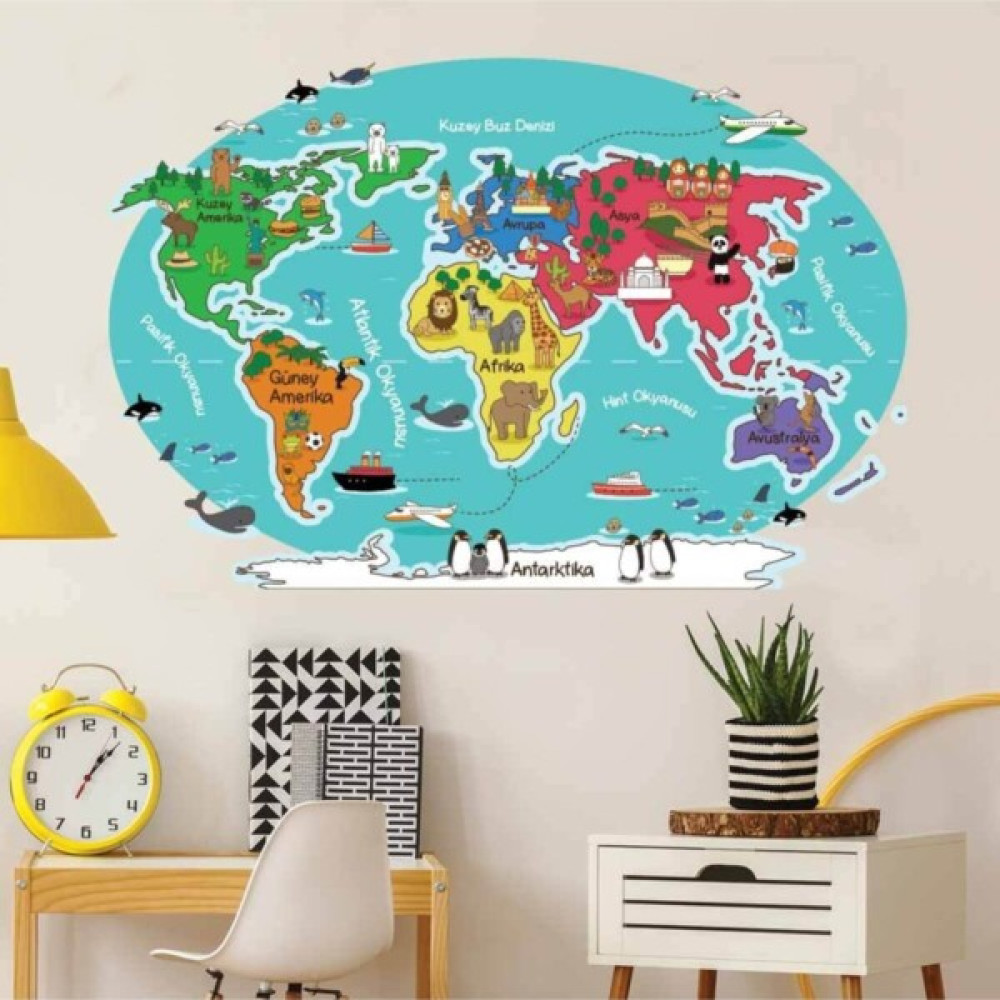 Kt Decoration Hayvan ve Şehirler Dünya Haritası Duvar Stickerı - 60 x 90 cm - Renkli Sticker Fiyatı