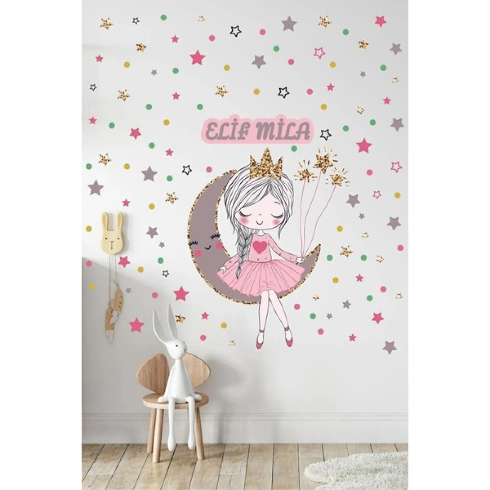 Kt Grup Isme Özel Ayda Oturan Sevimli Kız ve 150 Adet Yıldız ve Puantiyeler Çocuk Odası Duvar Sticker Seti - 60 x 70 cm Sticker Fiyatı