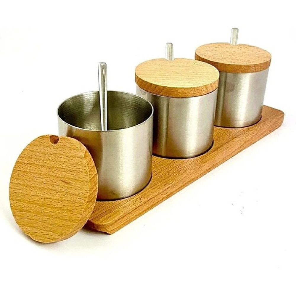 KT Home Baharatlık Set Paslanmaz Çelik Üçlü Baharatlık Ahşap Stand Cafe Kafe Restaurant Lokanta 113 Baharat Setleri & Baharatlıklar Fiyatı