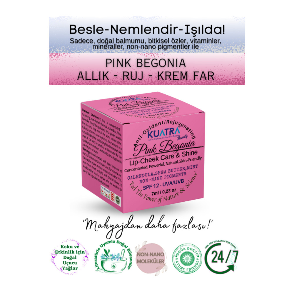 KUATRA Pink Begonia Nemlendirici - Antioksidan Işıltı Veren Balm (DOĞAL İÇERİKLİ RUJ- ALLIK-FAR) Rujlar & Dudak Parlatıcıları Fiyatı