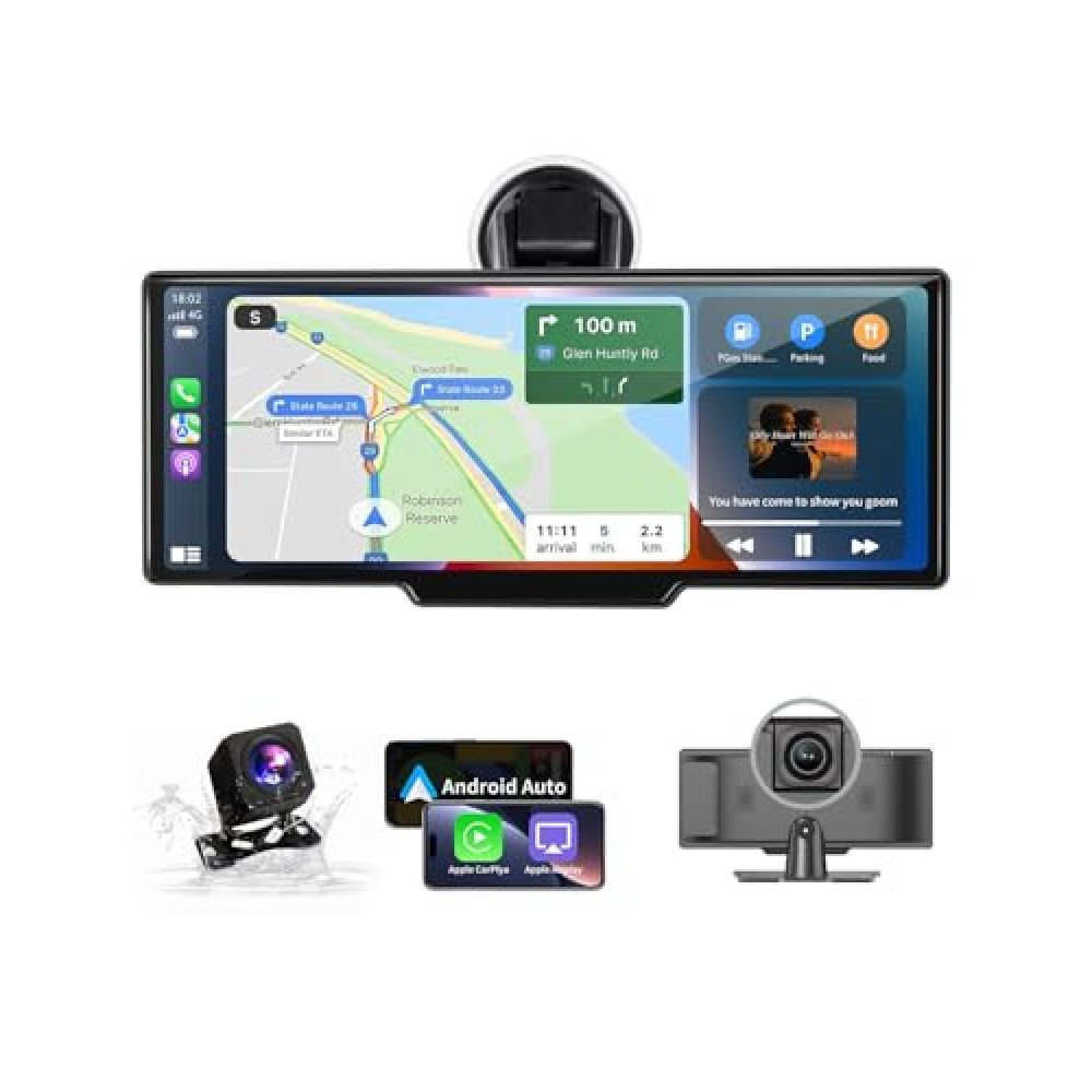 Kuayvan Carplay Screen for Car, 10.2" Portable Wireless Carplay & Android Auto, with 4K Dash Cam,1080P Backup Camera, GPS Navigation, Mirror Link, Bluetooth, FM, Car Stereo Audio Receivers for Car
