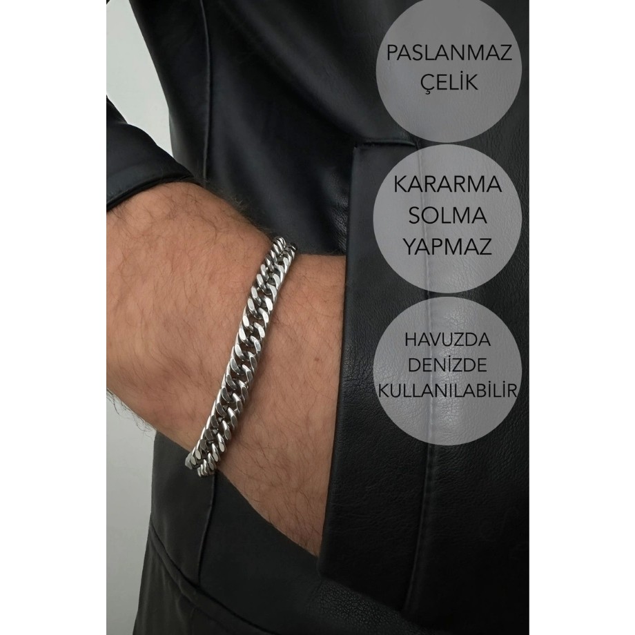 Küba Zincir Kalın Model Çelik Zincir Bileklik | Karma Serisi - 18cm - Gümüş Diğer Fiyatı