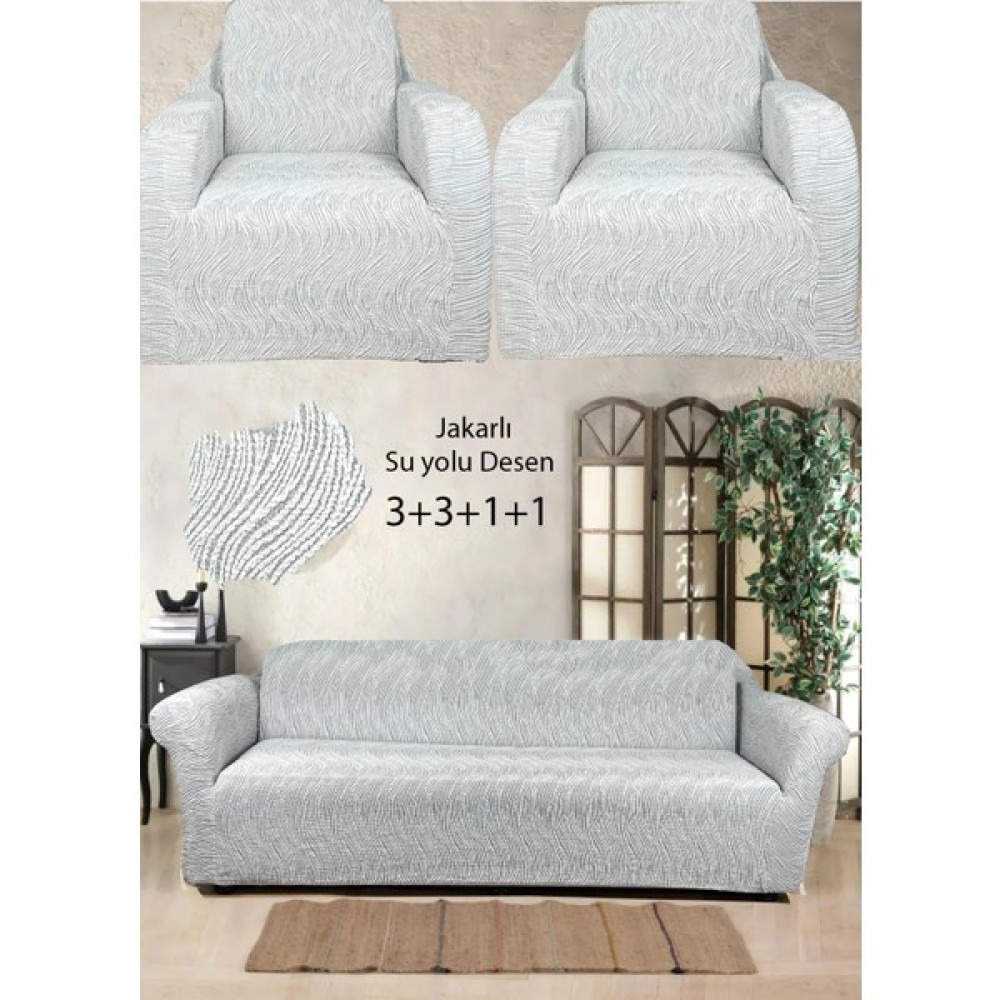 Kübal Home Koltuk Kanepe Örtüsü 3+3+1+1 Jakarlı Takım Kılıfı - Beyaz - 180 x 230 cm Koltuk & Kanepe Örtüsü Fiyatı