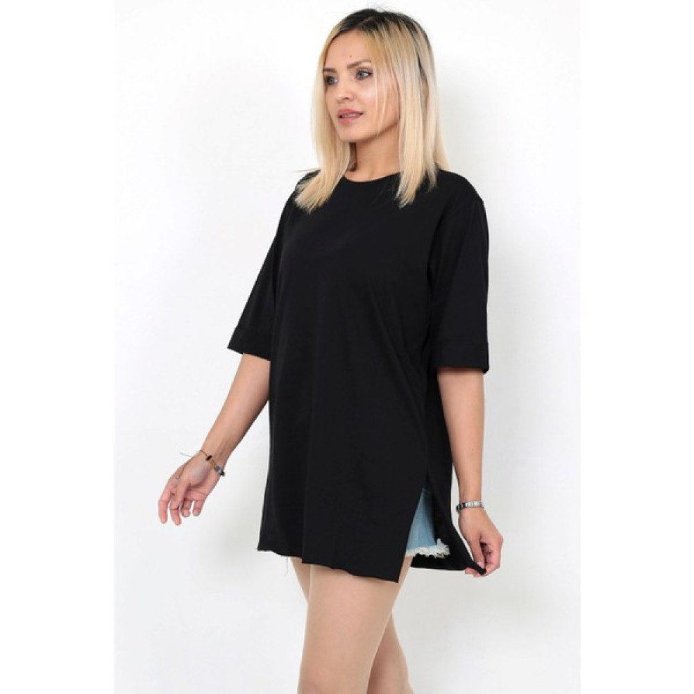 Kübra tekstil Yarım Kollu Etek Ucu Yırtmaç Detaylı Siyah T-Shirt Bayan Sweatshirt Fiyatı