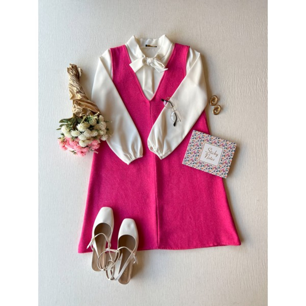 Küçüğüm Butik Kısa Pembe Kaşe Kışlık V Yaka Jile Elbise Elbise Fiyatı