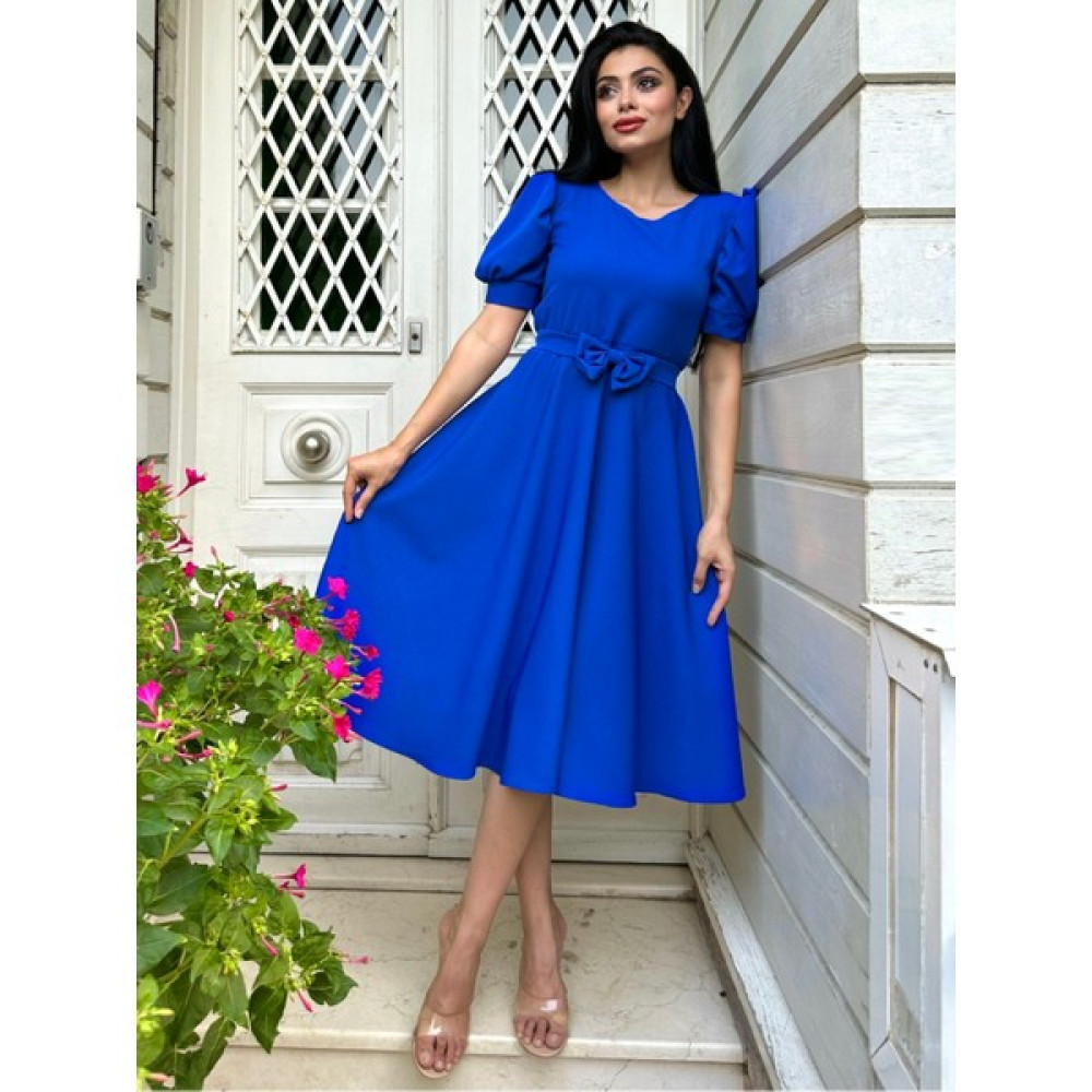 Küçüğüm Butik Saks Mavisi Karpuz Kol Kloş Krep Elbise Elbise Fiyatı