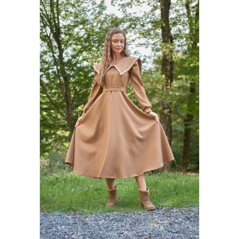 Küçüğüm Butik Taba Rengi Vintage Yakalı Kloş Yün Efekt Elbise Elbise Fiyatı