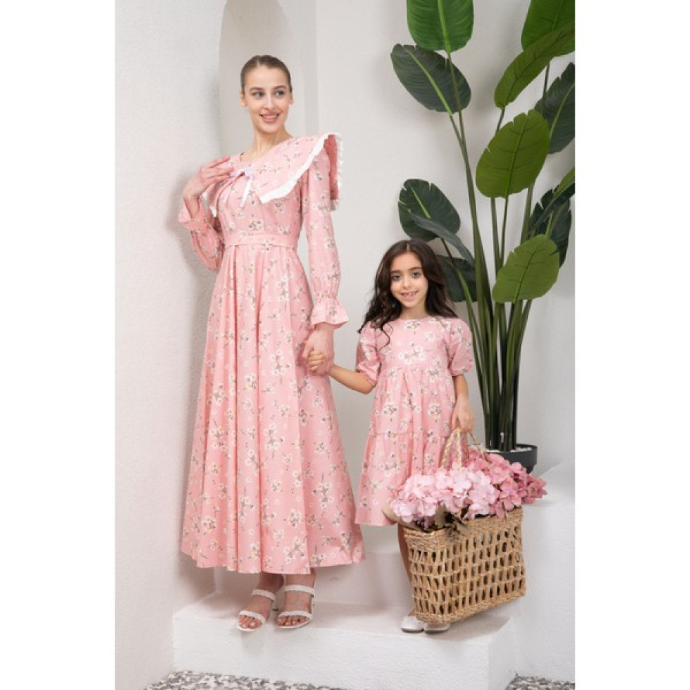 Küçüğüm Butik Tesettür Bahar Dalı Pudra Rengi Seyyar Yakalı Kloş Anne Kız Kombini Kız Çocuk Elbise Fiyatı