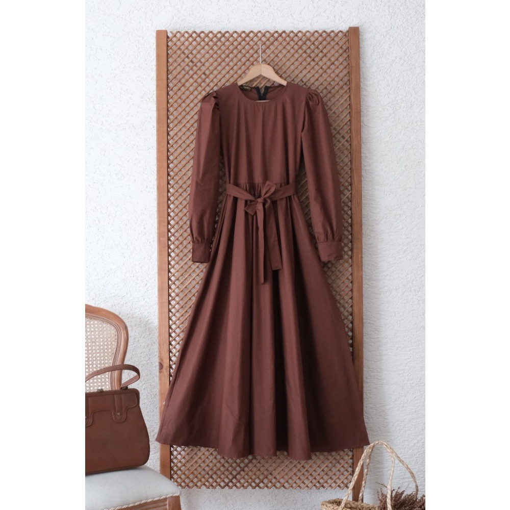 Küçüğüm Butik Tesettür Kahverengi Poplin Kloş Elbise Elbise Fiyatı