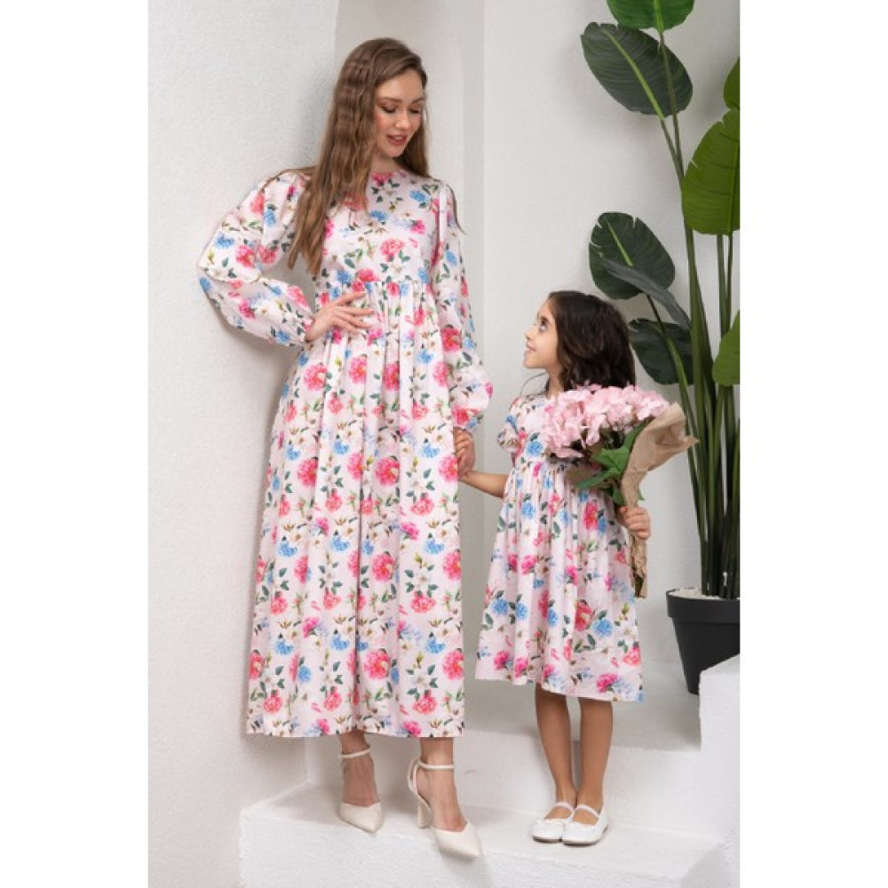 Küçüğüm Butik Tesettür Ortanca Çiçekli Pembe Saten Anne Kız Kombini (Tekli Satılmaktadır) Elbise Fiyatı
