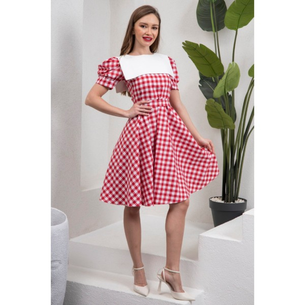 Küçüğüm Butik Vintage Kırmızı Pötikare Seyyar Beyaz Yakalı Karpuz Kol Kloş Elbise Elbise Fiyatı