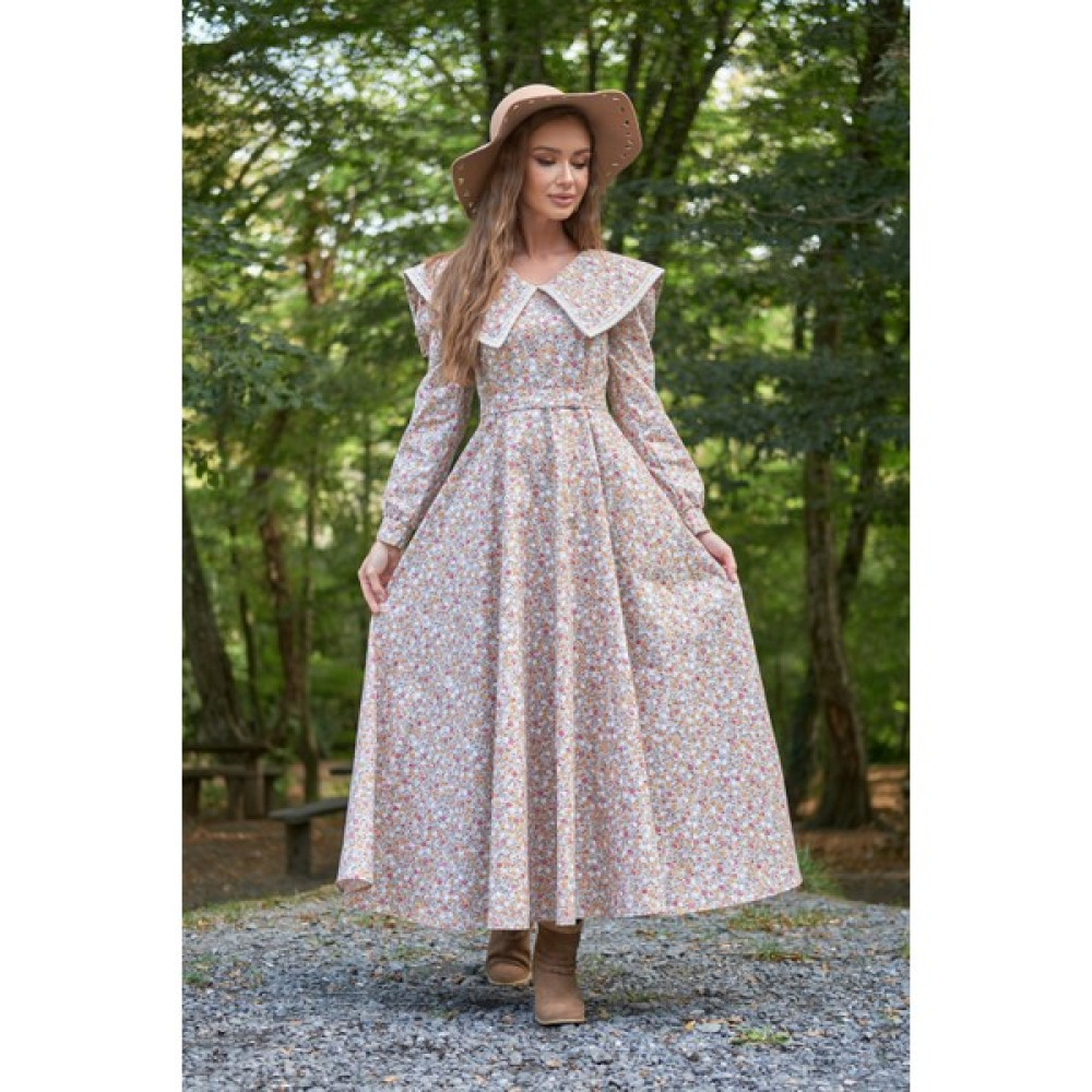 Küçüğüm Butik Vintage Yakalı Gri Renkli Çiçekli Uzun Kol Kloş Elbise Elbise Fiyatı