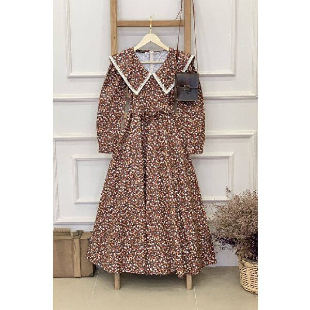 Küçüğüm Butik Vintage Yakalı Kahverengi Çiçekli Kloş Elbise Elbise Fiyatı
