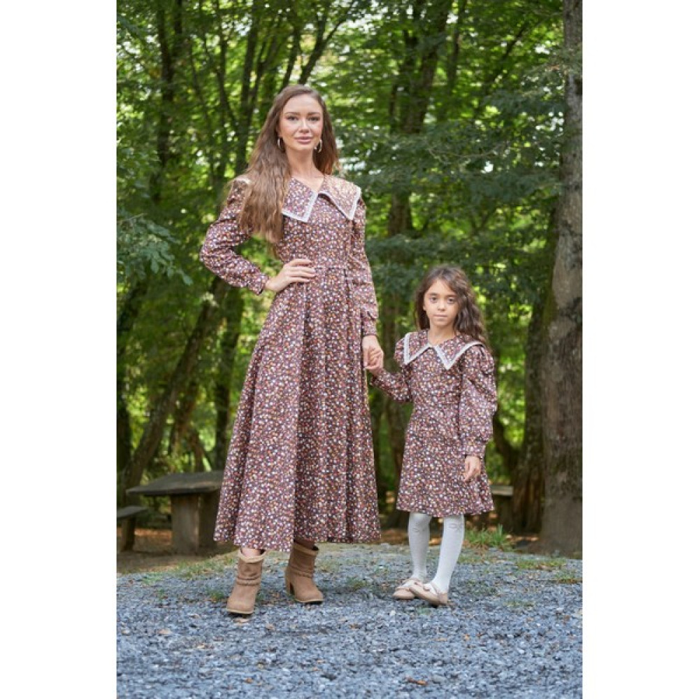 Küçüğüm Butik Vintage Yakalı Kahverengi Çiçekli Uzun Kol Kloş Anne Kız Kombini (Tekli Fiyattır) Kız Çocuk Elbise Fiyatı
