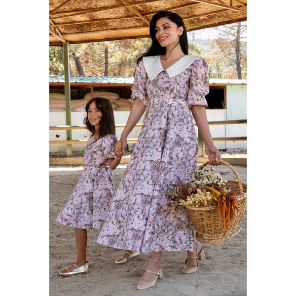 Küçüğüm Butik Yakalı Kahverengi Pastel Çiçekli Balon Kol Kloş Anne Kız Kombini (Tekli Satılmaktadır) Elbise Fiyatı