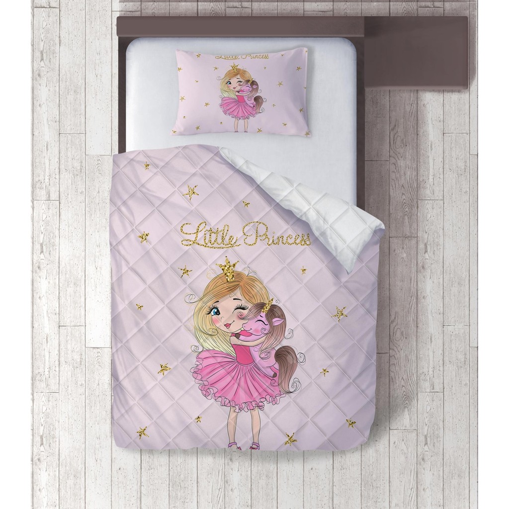 Küçük Prenses ve Unicorn Dijital Baskılı Tek Kişilik Yorgan Set - 155 x 215 cm - Altın - Pembe Yorgan Fiyatı