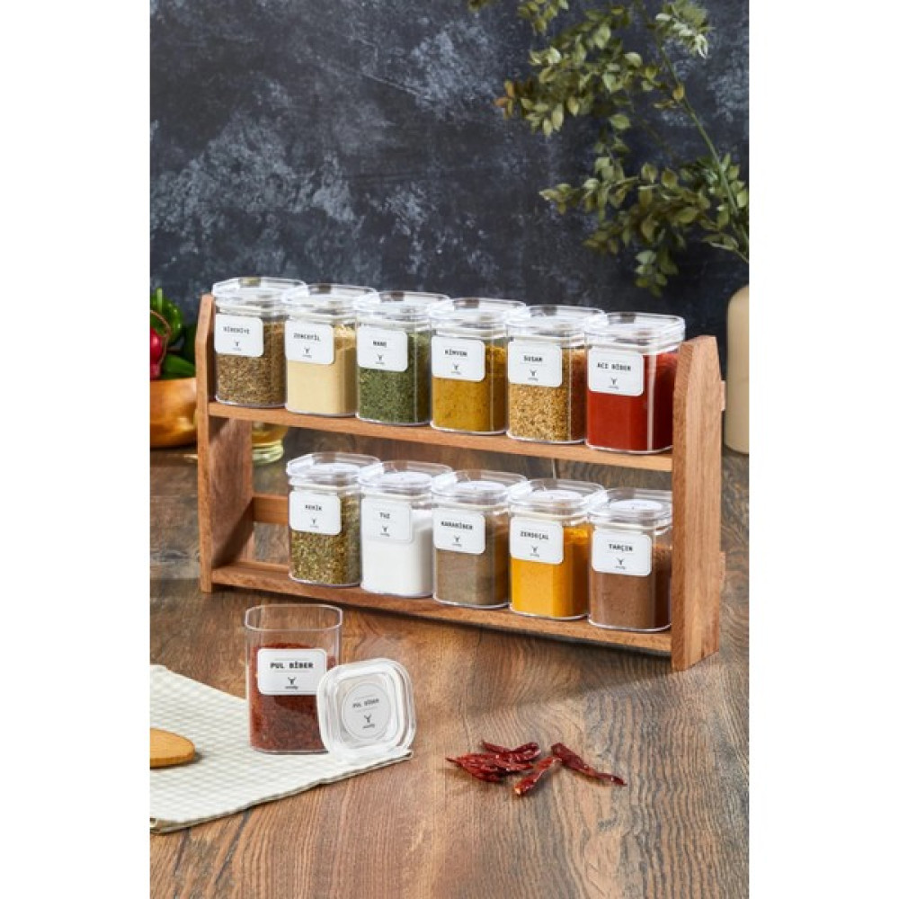 Kuki Wood 300 ml Akrilik Kavanozlu Ahşap Stantlı 12 Li Baharatlık Seti 24 Adet Baharat Etiketi Baharat Setleri & Baharatlıklar Fiyatı