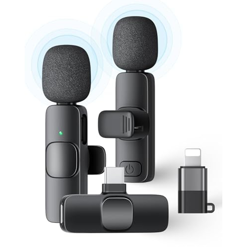 KUKIHO 2 Pack Wireless Lavalier Microphone for iPhone iPad and Android Phone, Lapel Mic Plug and Play Wireless Mic Noise Reduction Microphone for Video Recording Interview Podcast Vlog YouTube Tiktok