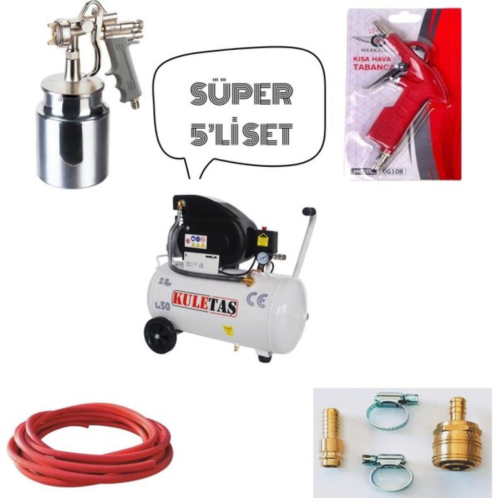 Kuletaş 50 Lt Yağlı Hava Kompresörü ve Süper 5 Parça Set Hava Kompresörü Fiyatı
