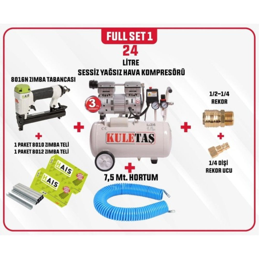 Kuletaş Full Set 1 Kuletaş Süper Sessiz Yağsız Hava Kompresörü 24 Litre 1 Hp 3 Yıl Garanti Hava Kompresörü Fiyatı