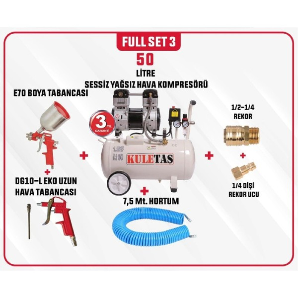 Kuletaş Full Set 3 Kuletaş Süper Sessiz Yağsız Hava Kompresörü 50 Litre 1,5 Hp 3 Yıl Garanti Hava Kompresörü Fiyatı