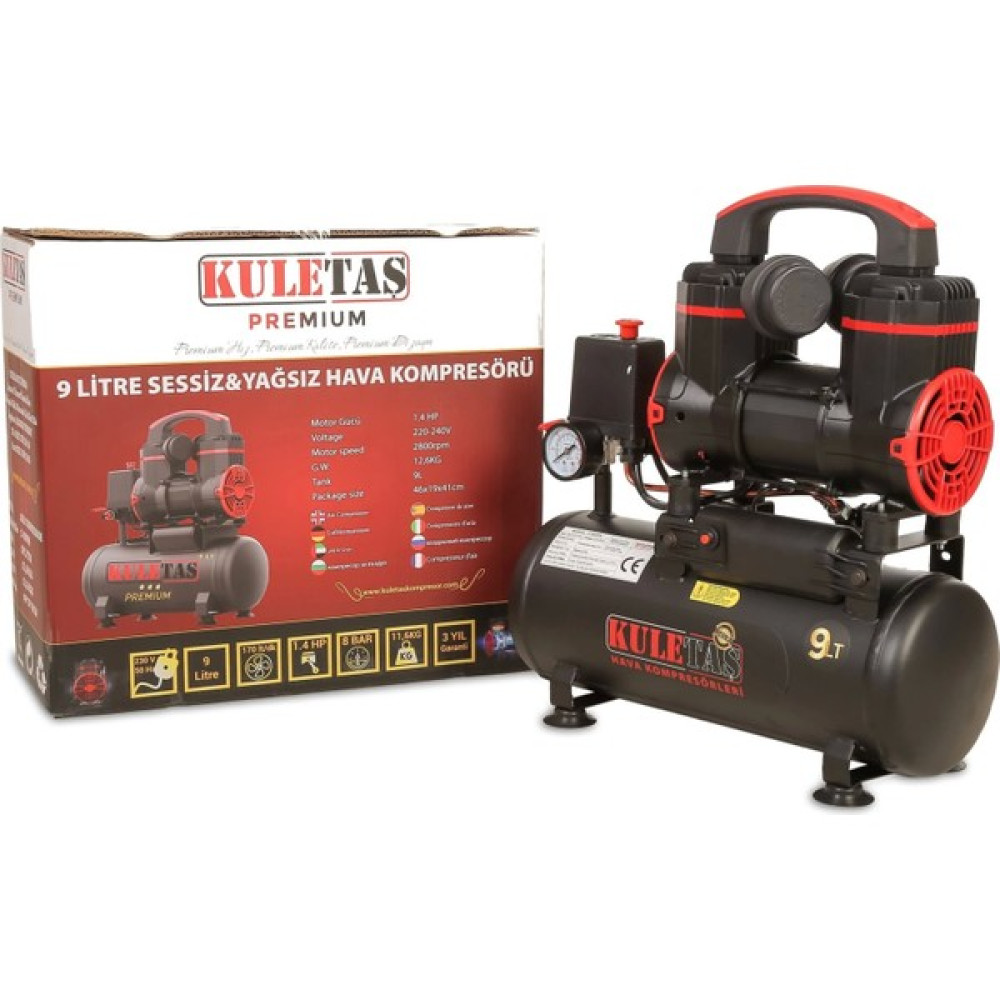 Kuletaş Premium 9 Litre Sessiz Yağsız Hava Kompresörü 1,2 Hp (Italyan Tasarım) Hava Kompresörü Fiyatı
