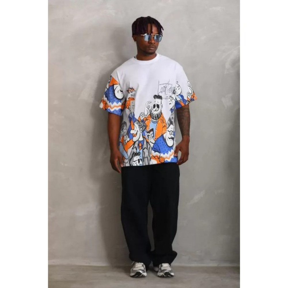 Kulım's Unisex Oversize Baskılı Bisiklet Yaka T-Shirt - Beyaz Erkek T-shirt Fiyatı